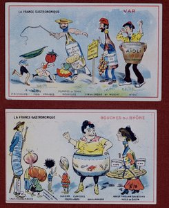 Cartes promotionnelles et éducatives pour enfants représentant les spécialités alimentaires des régions du Var et des Bouches-du-Rhône, vers 1910